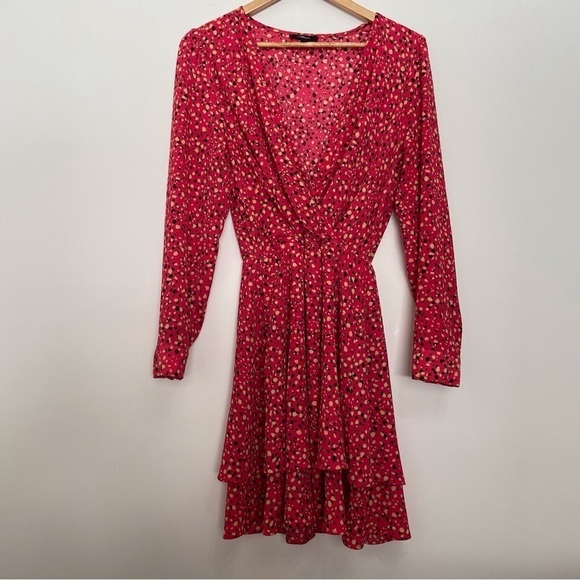 Mavi wrap dress V neck floral long sleeves spring red white contemporary small - Picture 2 of 14